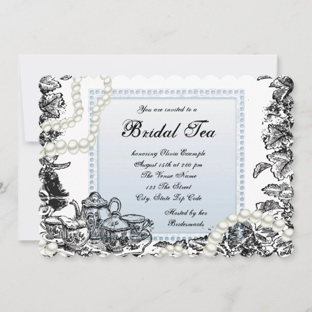 Invitation Thé nuptial bleu perles vintages (Devant)