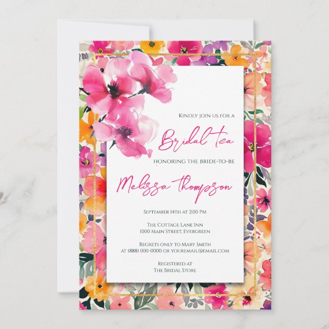 Invitation Thé nuptial floral, Fête des mariées (Devant)