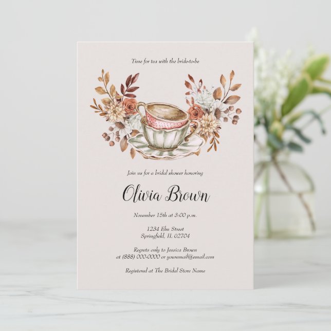 Invitation Thé nuptial floral rustique (Debout devant)