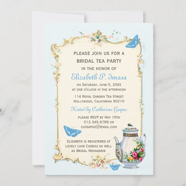 Invitation Thé nuptiale français vintage bleu (Devant)