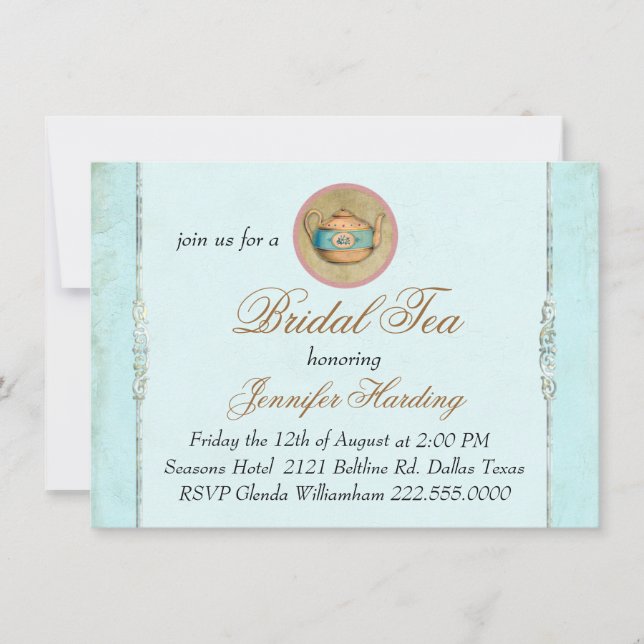 Invitation Thé nuptiale minable vintage de turquoise (Devant)