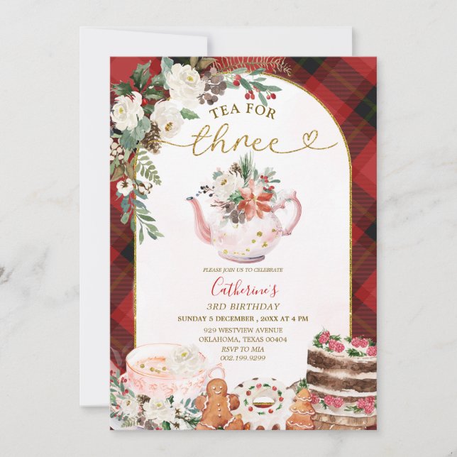Invitation Thé Plaid Pour Trois Noël Floral 3e Anniversaire (Devant)