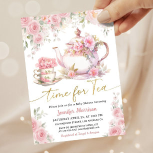 Invitation Thé pour bébé Fille Fête de Naissance Or Rose Flor