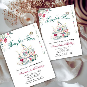 Invitation Thé pour deux animaux floraux 2e anniversaire 