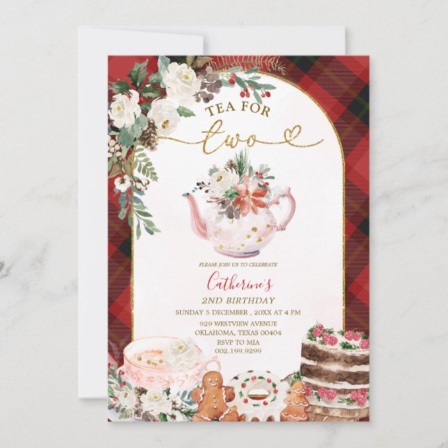 Invitation Thé pour deux Plaid Floral Noël 2 Anniversaire (Devant)
