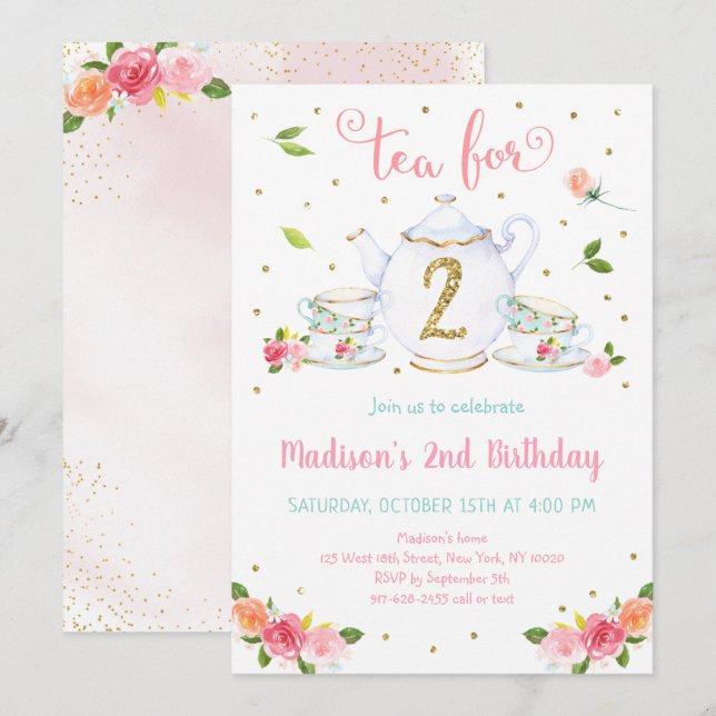 Invitation Thé Pour Deux Soirées Thé Or Rose Anniversaire (Devant / Derrière)