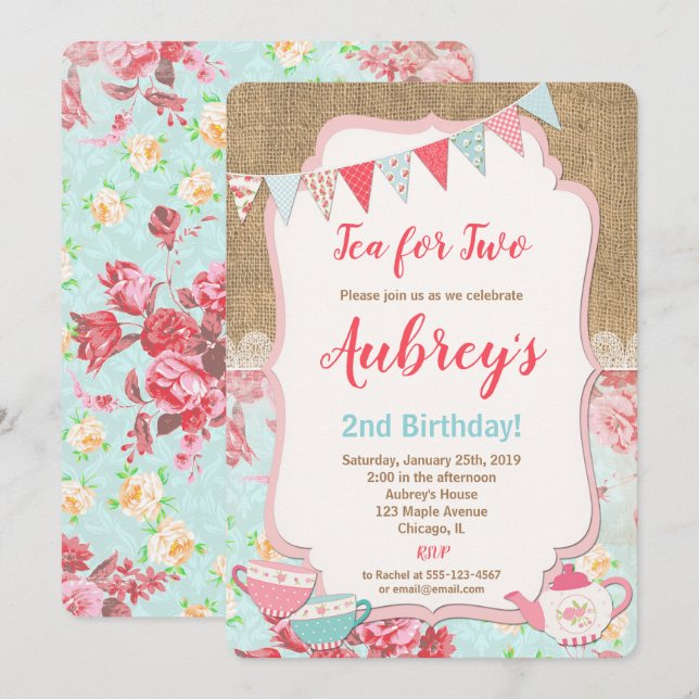 Invitation Thé pour deux Tea Party (Devant / Derrière)