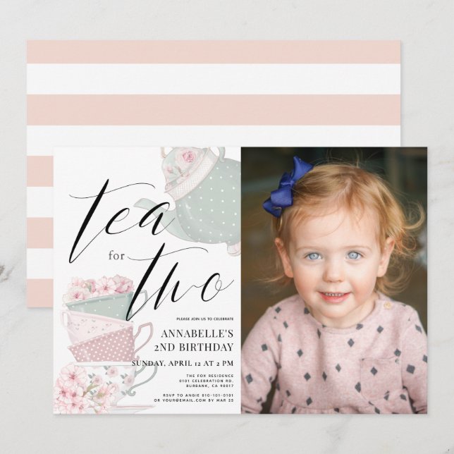 Invitation Thé pour deux Tea Party 2e anniversaire Photo (Devant / Derrière)