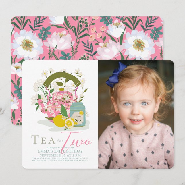Invitation Thé pour deux Tea Party Floral Photo 2e anniversai (Devant / Derrière)