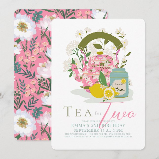 Invitation Thé pour deux Tea Party rose Floral 2e anniversair (Devant / Derrière)