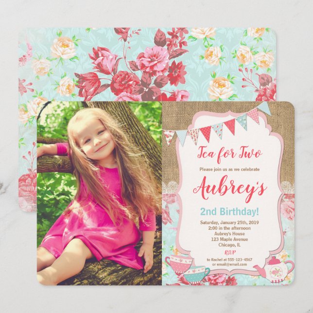 Invitation Thé pour l'anniversaire floral de fille de thé (Devant / Derrière)