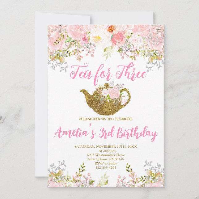 Invitation Thé pour trois invitations, rose Floral 3e anniver (Devant)