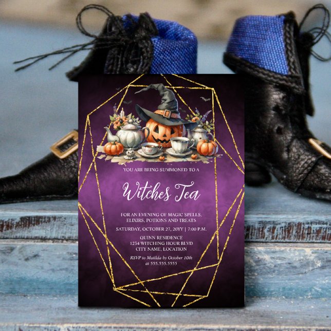 Invitation Thé sorcière (Witch's tea / wiccan / Halloween gathering invitation front view.)