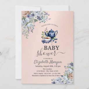 Invitation Théière à l'aquarelle Fleurs de myrtille Shower d