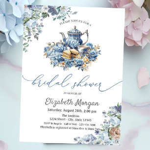 Invitation Théière Bleue Aquarelle Fête Bébé Florale