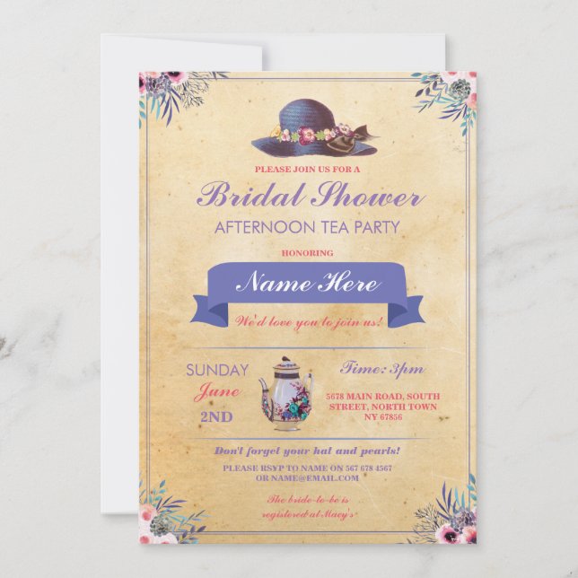 Invitation Théière de Baby Shower Chapeau Jardin de l'après-m (Devant)
