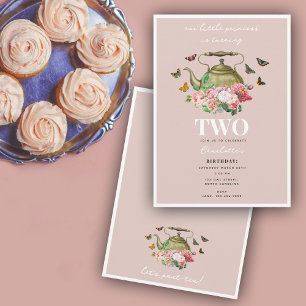 Invitation Théière Fête Rose Floral Papillons Fille Anniversa