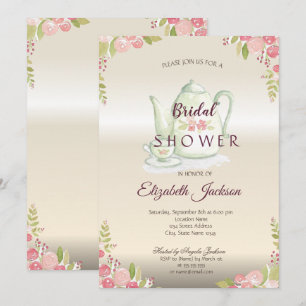 Invitation Théière Fleurs Élégantes pour Réception de Mariage