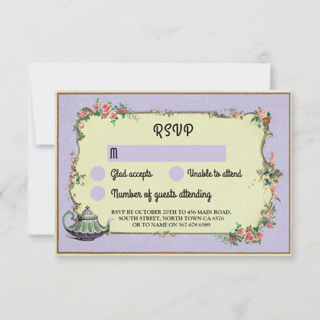 Invitation Théière Merveilleux Mariage RSVP Fleurs Violettes (Devant)