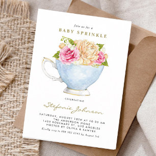 Invitation Théière Roses Aquarelle Baby Sprinkle
