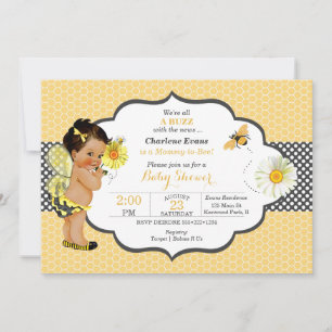 Invitation Thème abeille jaune point doré bébé fille 