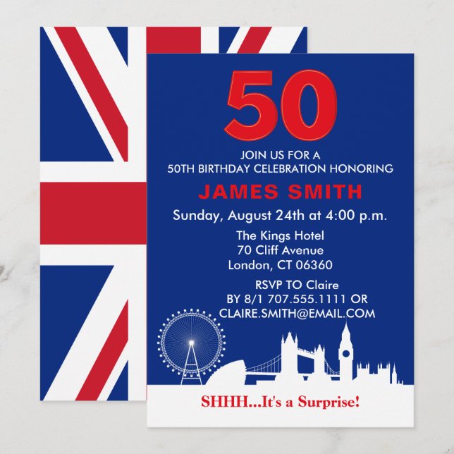 Invitation Thème anglais 50e fête d'anniversaire (Devant / Derrière)