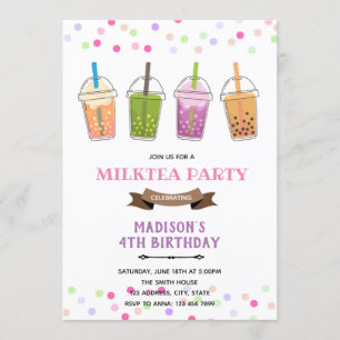 Invitation Thème anniversaire fille thé au lait bubble boba