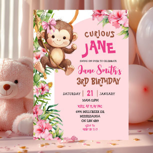 Invitation Thème Anniversaire Singe Curieux Rose Safari