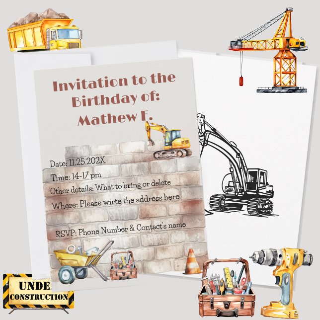 Invitation Thème anniversaire terreux à l'aquarelle Construct (Watercolor Construction themed birthday invitation, personalized & custom. Multilingual Project)