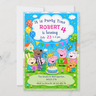 Invitation thème cochon de dessin animé. Fête d'en