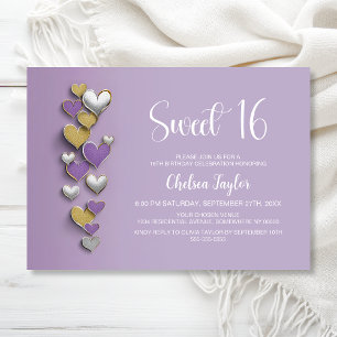 Invitation Thème Cœur Argent Or Violet pour un Douzième Anniv