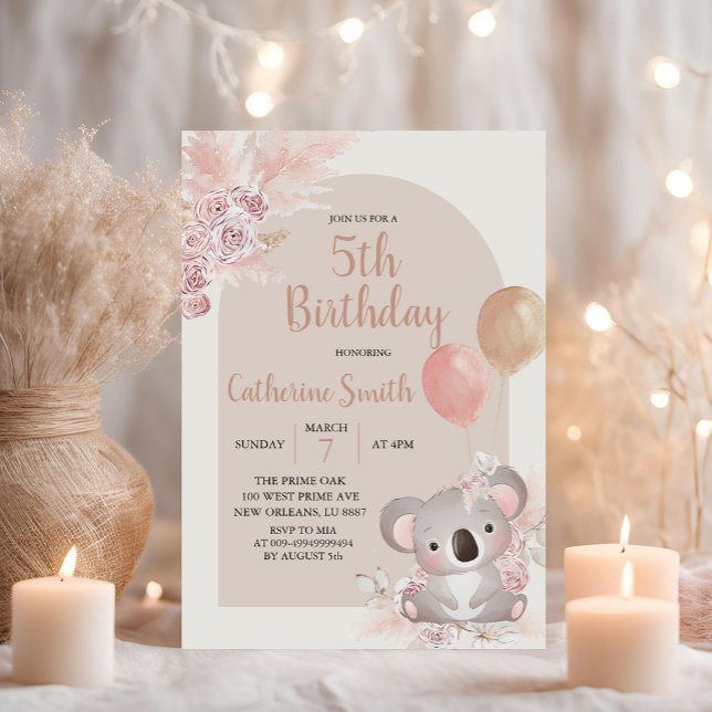 Invitation Thème d'anniversaire de Koala et Pampas Grass Boho (Créateur téléchargé)
