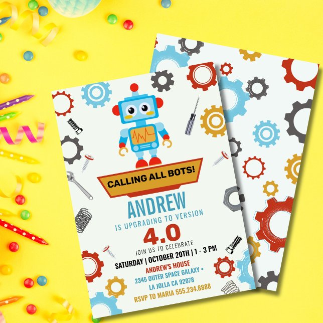Invitation Thème d'anniversaire de la fête des petits robots  (Colorful robot birthday invitation for kids with fun tech theme and bold modern design.)