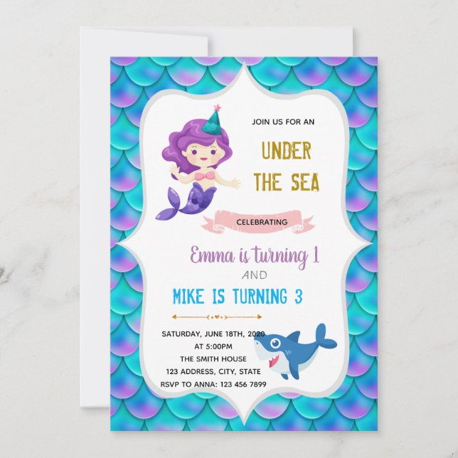 Invitation Thème d'anniversaire de la Sirène et du requin (Devant)