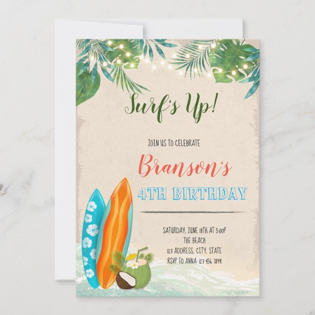 Invitation Thème d'anniversaire du Surf-garçon luau (Devant)