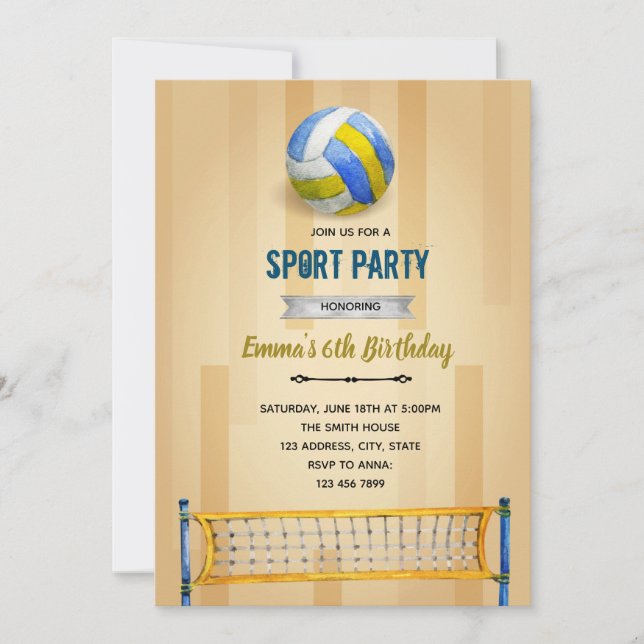 Invitation Thème d'anniversaire fête de volleyball (Devant)