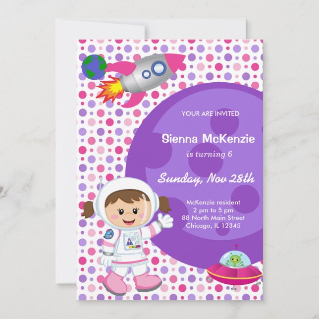Invitation Thème d'anniversaire fille astronaute (Devant)