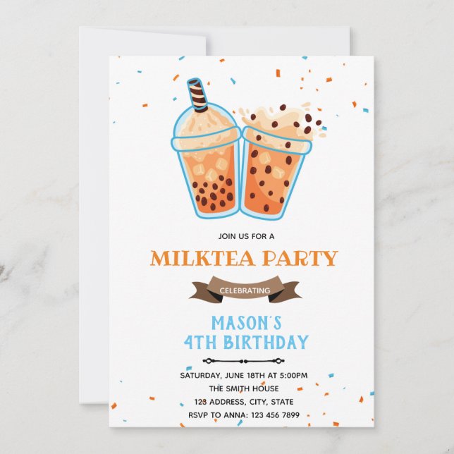 Invitation thème d'anniversaire garçon thé Boba (Devant)