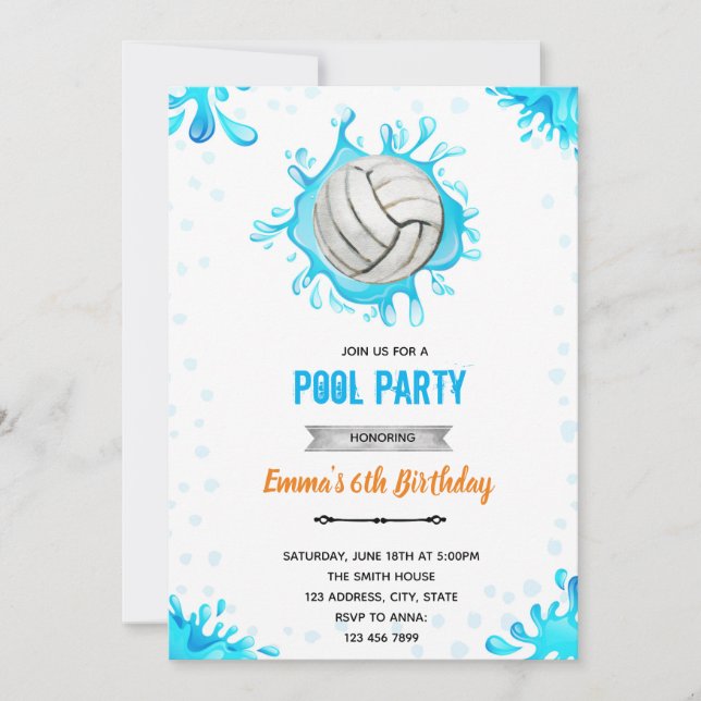 Invitation Thème d'anniversaire piscine volley-ball (Devant)