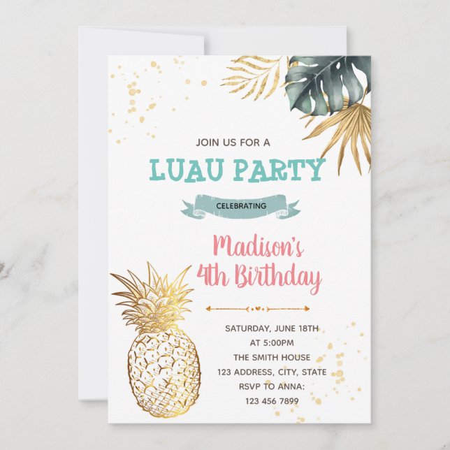 Invitation Thème d'anniversaire tropical luau or (Devant)