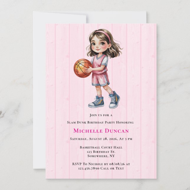 Invitation Thème de basket-ball Fête d'anniversaire pour la f (Devant)