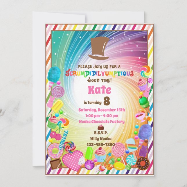 Invitation Thème de bonbons, chocolat, billet d'or, arc-en-ci (Devant)