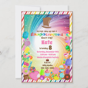 Invitation Thème de bonbons, chocolat, billet d'or, arc-en-ci
