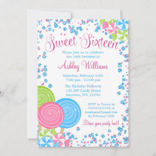 Invitation Thème de bonbons pailletés faux Bleu Sweet 16