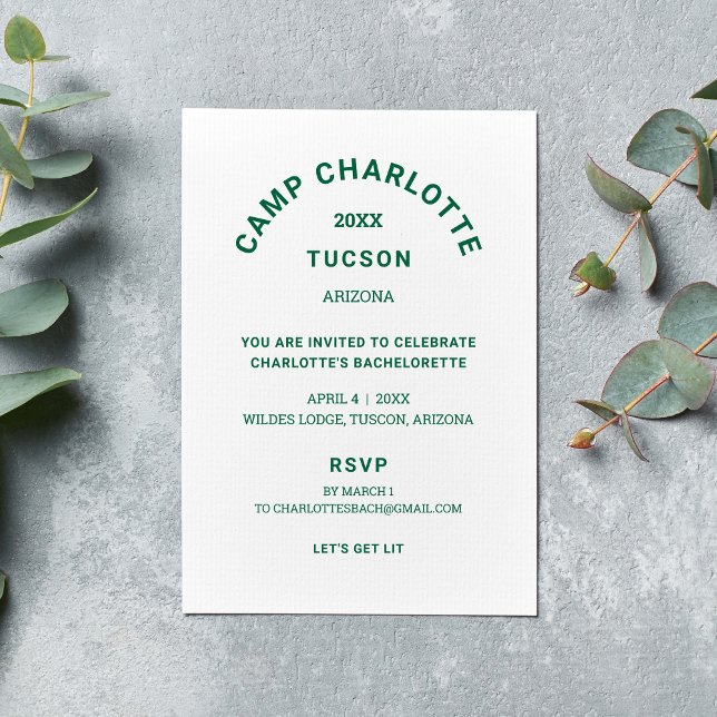 Invitation Thème de camping Fête de Bachelorette en vert forê (Créateur téléchargé)