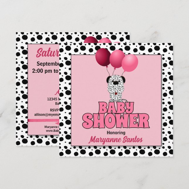 Invitation Thème de Chien de Dalmatie rose pour Baby shower f (Devant / Derrière)