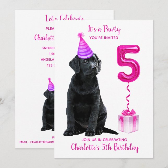 Invitation Thème de chiot 5e anniversaire - mignon chien rose (Devant / Derrière)