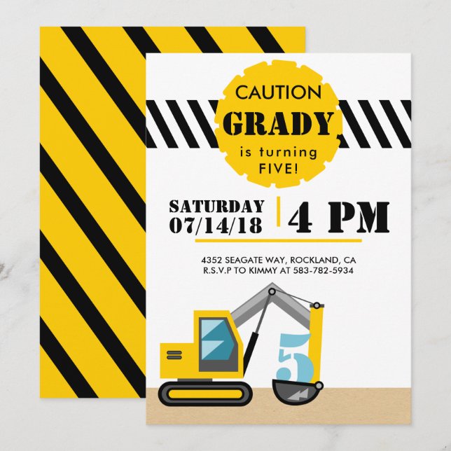 Invitation Thème de construction Excavateur Noir et Jaune 5èm (Devant / Derrière)