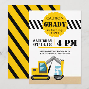 Invitation Thème de construction Excavateur Noir et Jaune 5èm