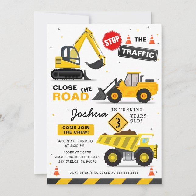 Invitation Thème de construction Truck Truck Anniversaire de  (Devant)